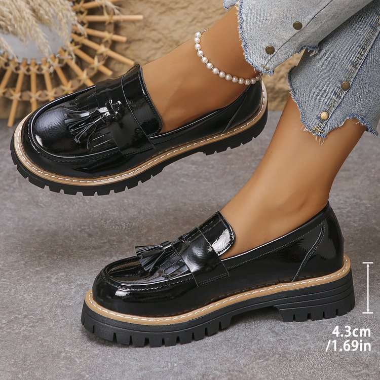 Ženske loaferice s resicama, britanski stil, okrugli vrh, prugasti uzorak, PU gornji dio, gumena potplata, bez podstave, debeli pet 6–8 cm, casual dizajn, izlazak jeseni 2025