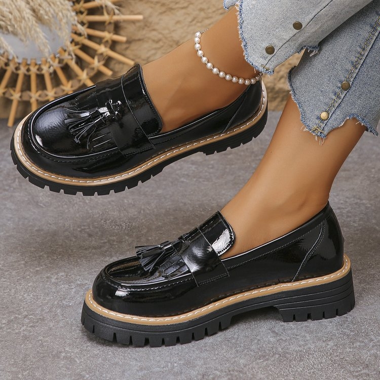 Ženske loaferice s resicama, britanski stil, okrugli vrh, prugasti uzorak, PU gornji dio, gumena potplata, bez podstave, debeli pet 6–8 cm, casual dizajn, izlazak jeseni 2025