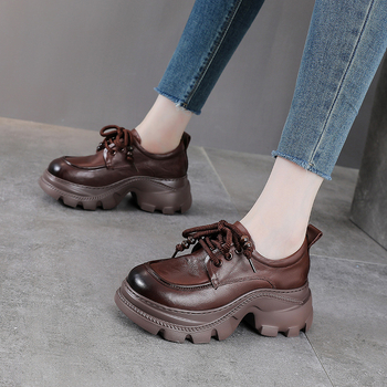 Ženske mokasice od kože prve slojevite teleće kože, retro stil, debeli potplat, casual, britanski stil