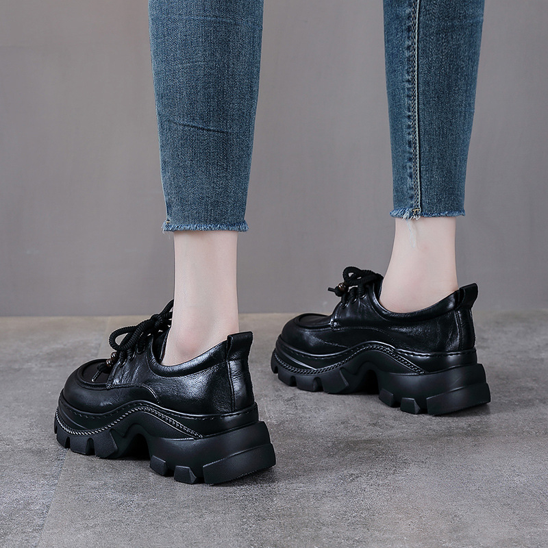 Ženske mokasice od kože prve slojevite teleće kože, retro stil, debeli potplat, casual, britanski stil