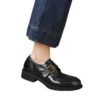 Kényelmes bőrből készült női loafer övcsattal, kerek orrú, retro stílus, karcsúsított alacsony sarokkal, sokoldalú bőrcipő