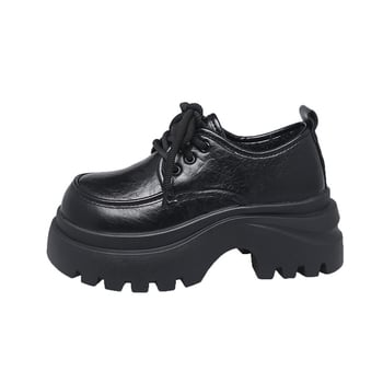 Ženske crne loaferice s debelim potplatom, retro britanski stil, zaobljen vrh, platforma