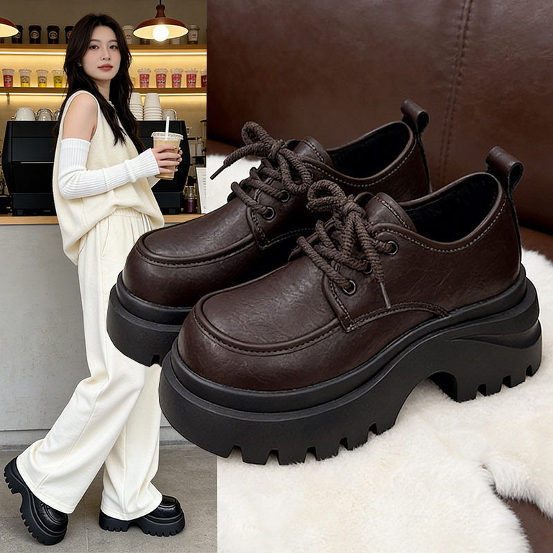Ženske crne loaferice s debelim potplatom, retro britanski stil, zaobljen vrh, platforma