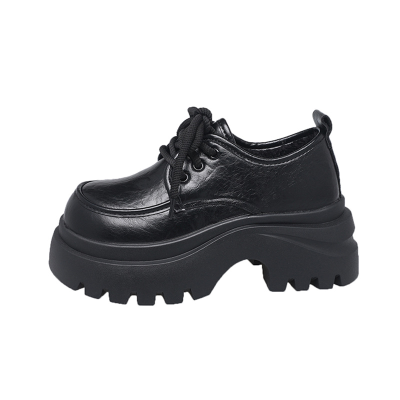 Ženske crne loaferice s debelim potplatom, retro britanski stil, zaobljen vrh, platforma