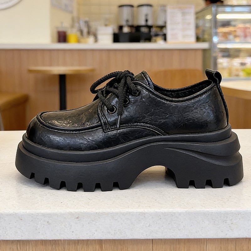 Ženske crne loaferice s debelim potplatom, retro britanski stil, zaobljen vrh, platforma