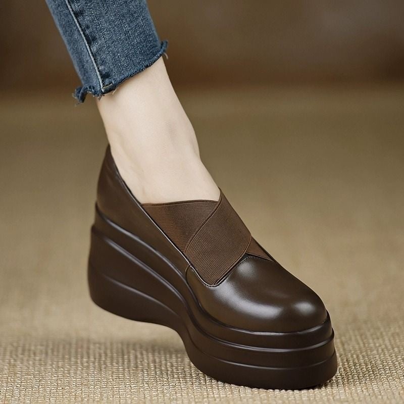 Női bőr loaferek vastag platformával, 6–8 cm-es sarokkal, kerek orrú, tavasz-ősz, mindennapi viselet