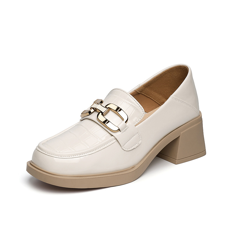 Ženske mokasice s debelim petom, sjajna koža, slip-on, mekana potplata, britanski stil, proljeće 2024