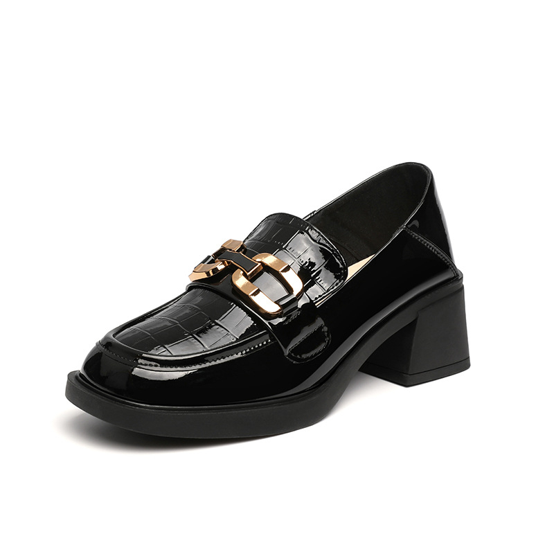 Ženske mokasice s debelim petom, sjajna koža, slip-on, mekana potplata, britanski stil, proljeće 2024