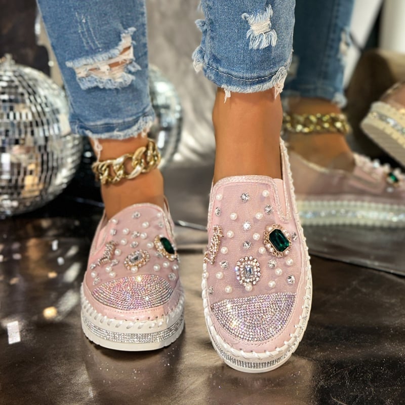 Nagy méretű női strasszos loafer slip-on cipő, vastag talppal, mindennapi viselet, őszi 2025