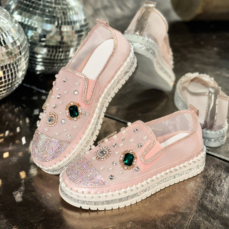 Nagy méretű női strasszos loafer slip-on cipő, vastag talppal, mindennapi viselet, őszi 2025