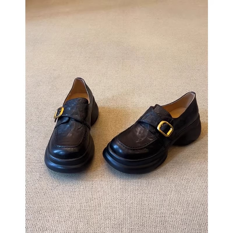 Kožne mokasice od ovčje kože i prave kože, crne, s debelom platformom, za žene, britanski stil