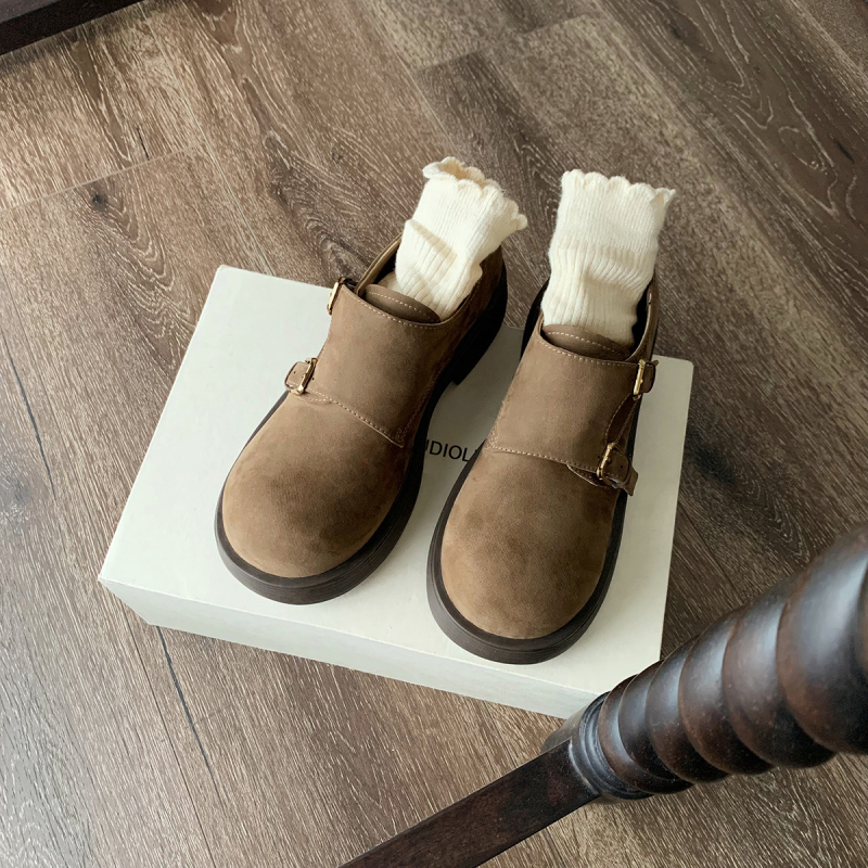 Ženske loaferice s okruglom nosnicom i dvostrukom kopčom, retro britanski stil, mikrovlakno