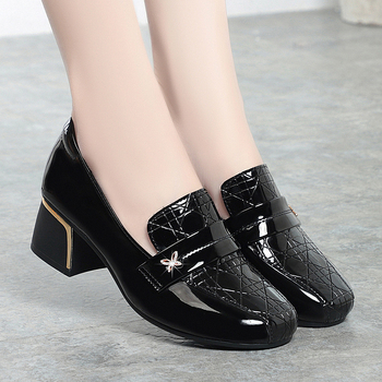 Loafers damă, cu toc pătrat mic, vârf rotund, culoare solidă, potriviți pentru purtare zilnică