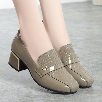 Loafers damă, cu toc pătrat mic, vârf rotund, culoare solidă, potriviți pentru purtare zilnică