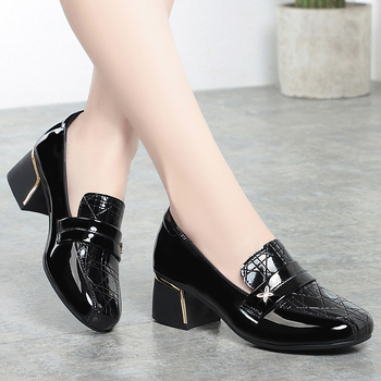 Loafers damă, cu toc pătrat mic, vârf rotund, culoare solidă, potriviți pentru purtare zilnică
