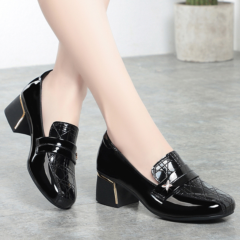 Loafers damă, cu toc pătrat mic, vârf rotund, culoare solidă, potriviți pentru purtare zilnică