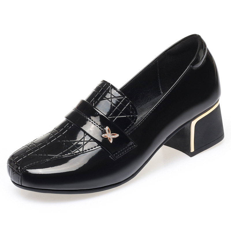 Loafers damă, cu toc pătrat mic, vârf rotund, culoare solidă, potriviți pentru purtare zilnică