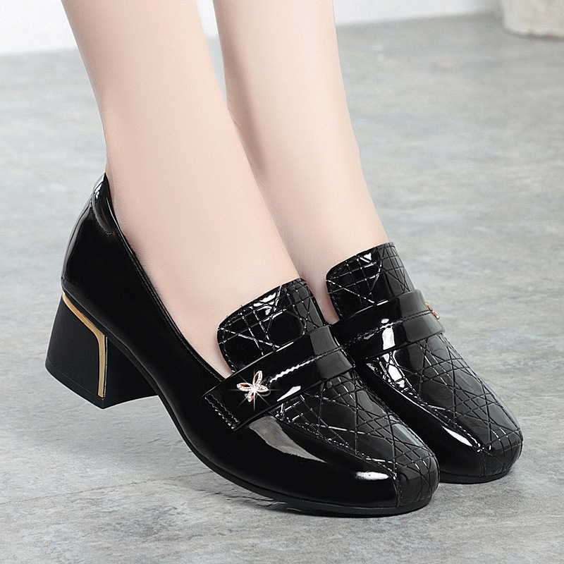 Loafers damă, cu toc pătrat mic, vârf rotund, culoare solidă, potriviți pentru purtare zilnică