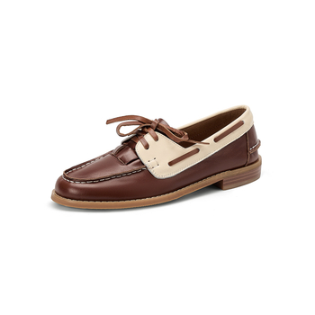 Loafers casual din piele pentru femei, toamna 2025, bloc de culori retro, șireturi, talpă joasă, purtare zilnică