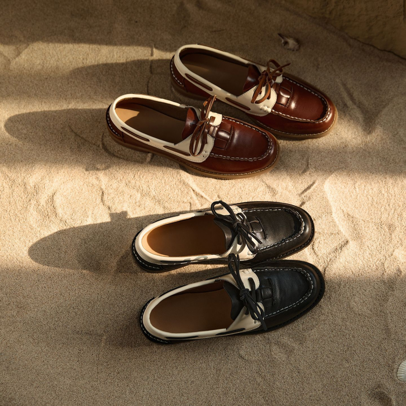 Loafers casual din piele pentru femei, toamna 2025, bloc de culori retro, șireturi, talpă joasă, purtare zilnică