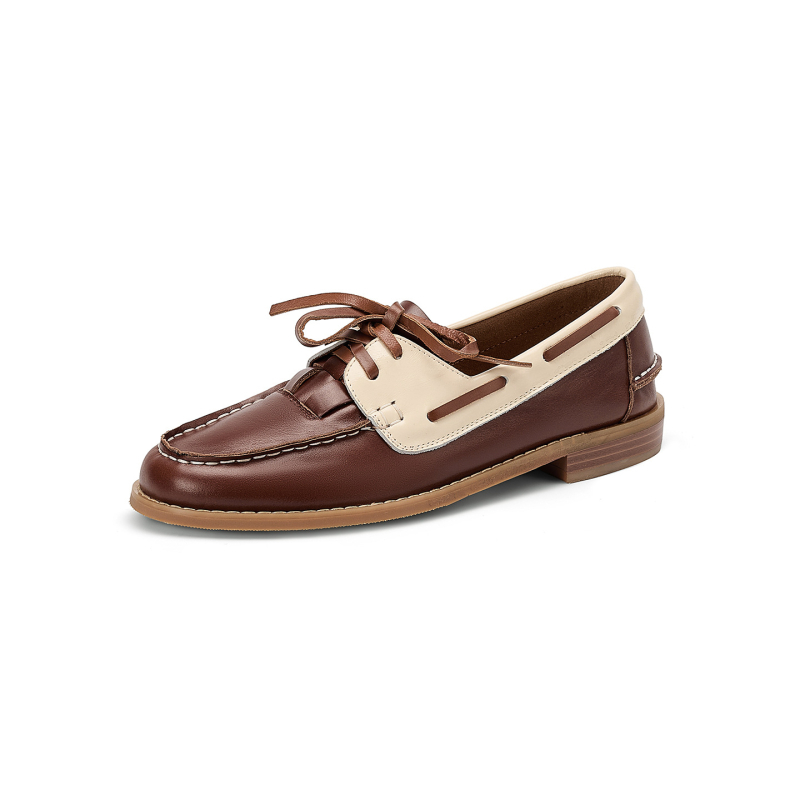 Loafers casual din piele pentru femei, toamna 2025, bloc de culori retro, șireturi, talpă joasă, purtare zilnică