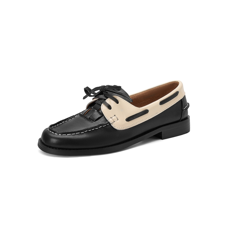 Loafers casual din piele pentru femei, toamna 2025, bloc de culori retro, șireturi, talpă joasă, purtare zilnică