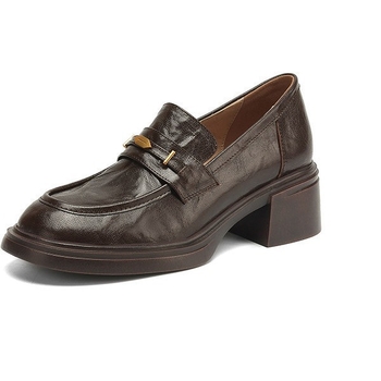 Női loaferek brit retró stílusban, kerek orrú, vastag sarka, slip-on, fekete bőr