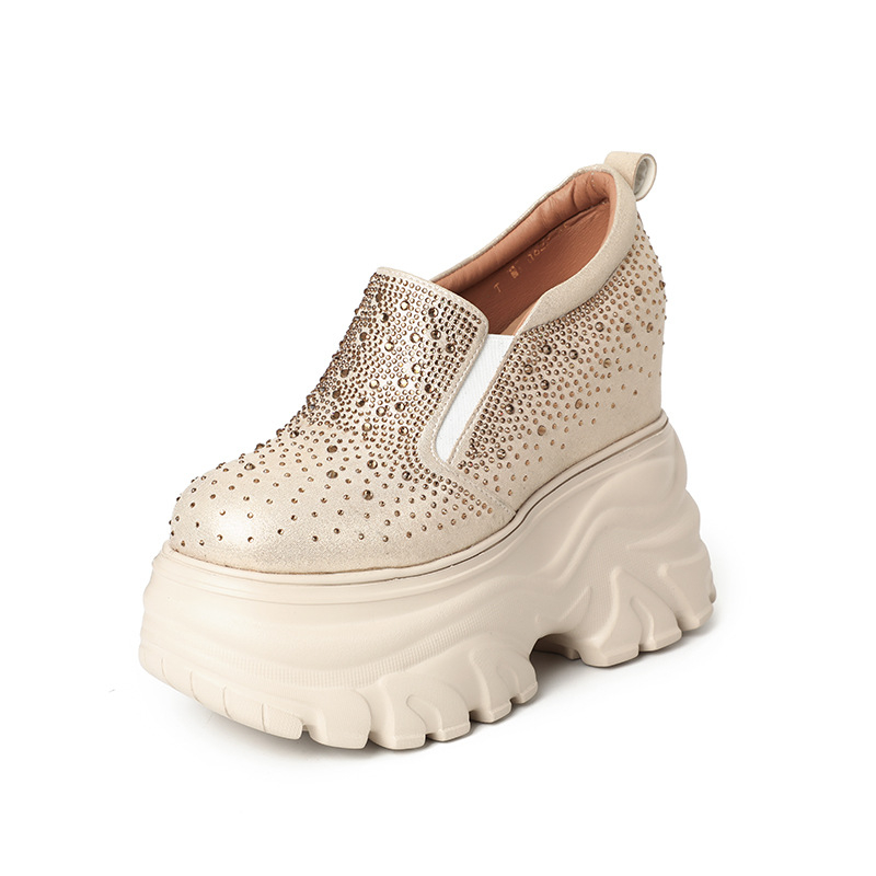Ženske platformske mokasine s debelim potplatom, 14 cm unutarnja visina, kristali, slip-on cipele za scenu