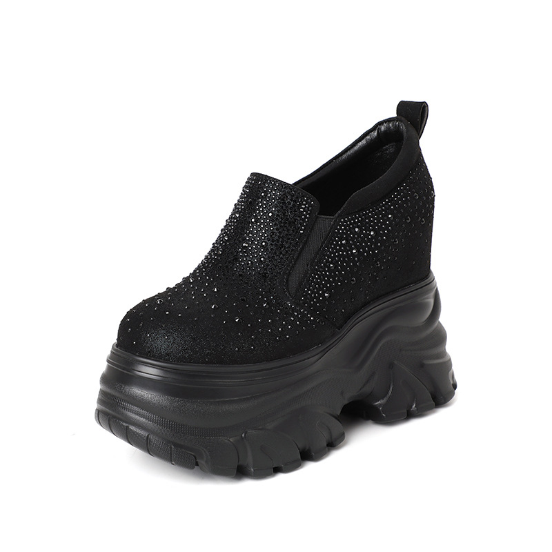 Ženske platformske mokasine s debelim potplatom, 14 cm unutarnja visina, kristali, slip-on cipele za scenu