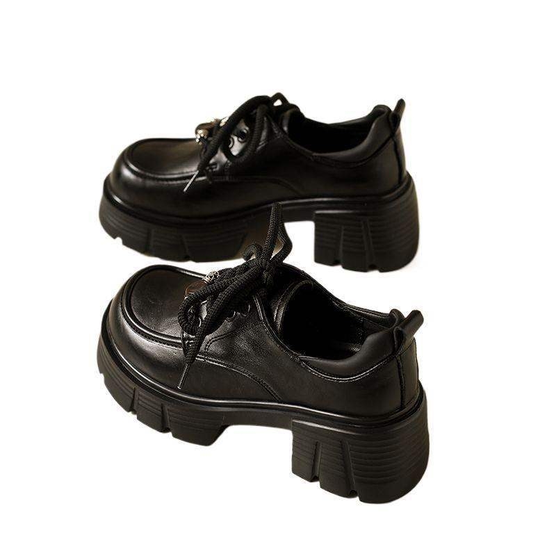 Ženske kožne loaferice s vezicama, debeli pet, okrugli vrh, britanski stil