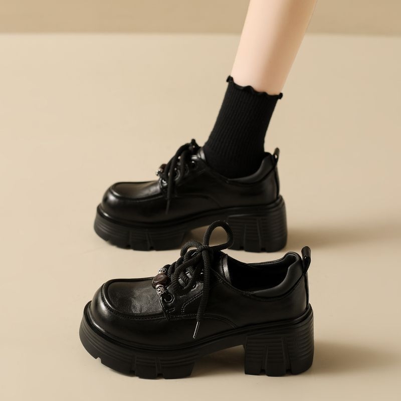 Ženske kožne loaferice s vezicama, debeli pet, okrugli vrh, britanski stil