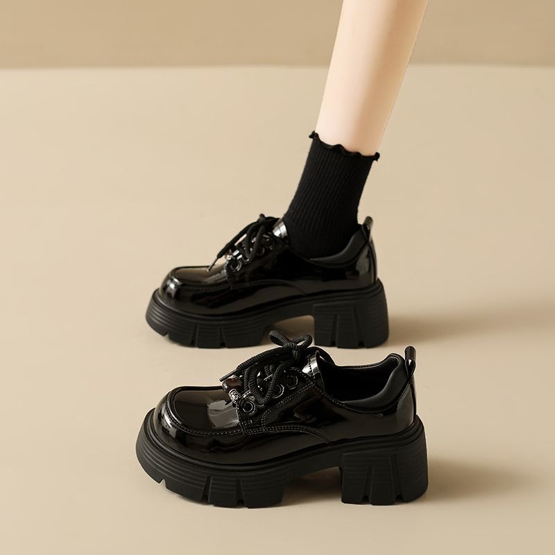 Ženske kožne loaferice s vezicama, debeli pet, okrugli vrh, britanski stil