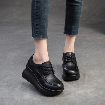 Ženske mokasice s klinom, okrugla nosnica, koža prvog sloja, retro minimalistički stil, svakodnevne casual cipele