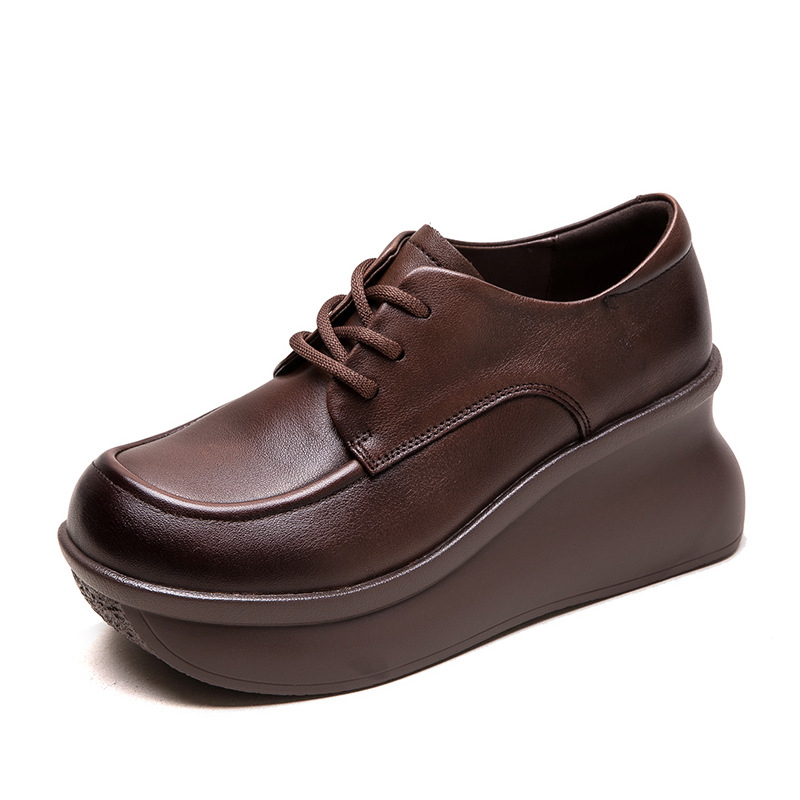 Ženske mokasice s klinom, okrugla nosnica, koža prvog sloja, retro minimalistički stil, svakodnevne casual cipele