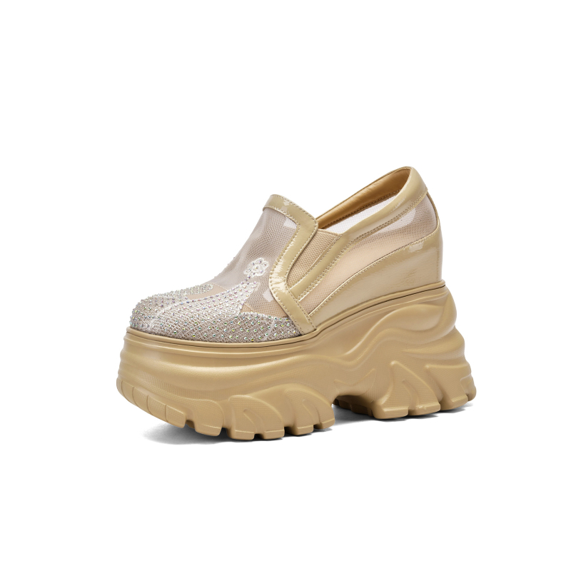 Ženske loaferice s platformom od 12 cm, prozračni mrežasti gornji dio, prirodna koža, slip-on dizajn s izrezima