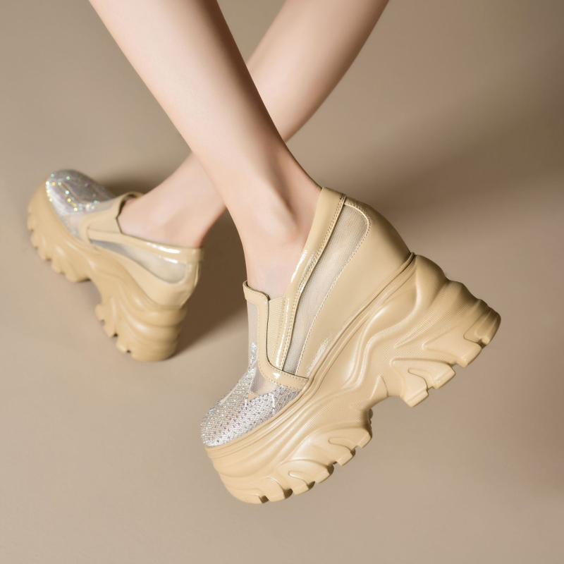 Ženske loaferice s platformom od 12 cm, prozračni mrežasti gornji dio, prirodna koža, slip-on dizajn s izrezima
