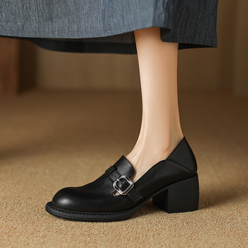 Női juhbőr Slip-On loafer vastag talppal, kerek orrú, brit stílusú, 2024