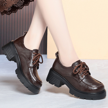 Ženske kožne loaferice s platformom, vezice, dva sloja kože, debeli pet, britanski stil