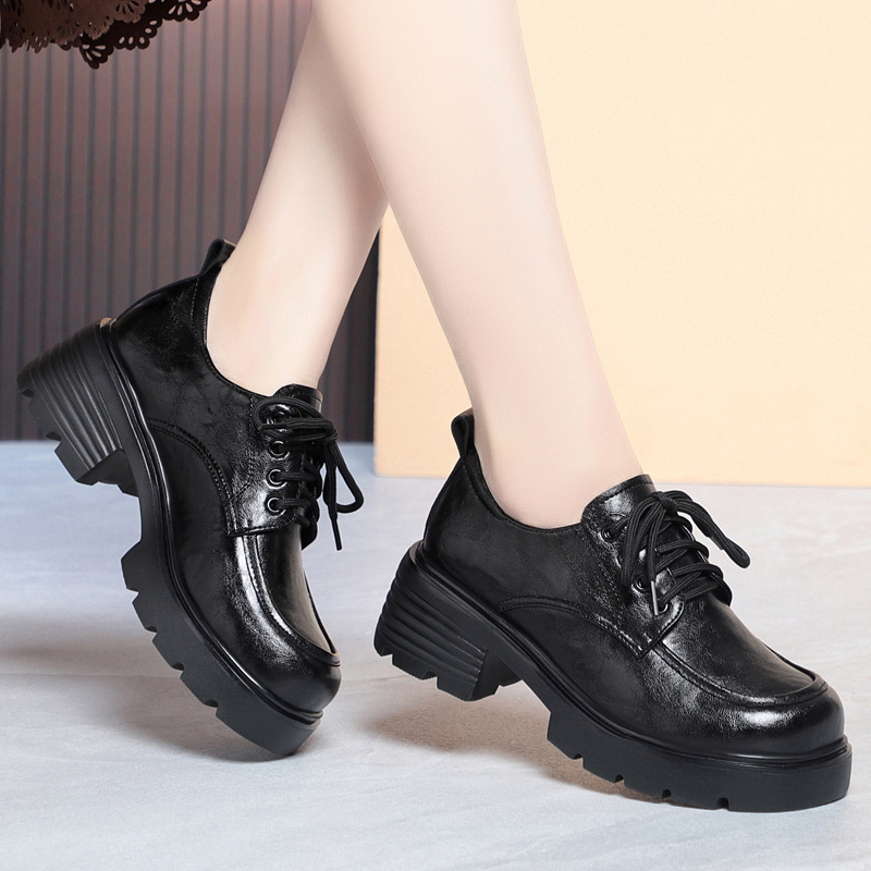 Ženske kožne loaferice s platformom, vezice, dva sloja kože, debeli pet, britanski stil