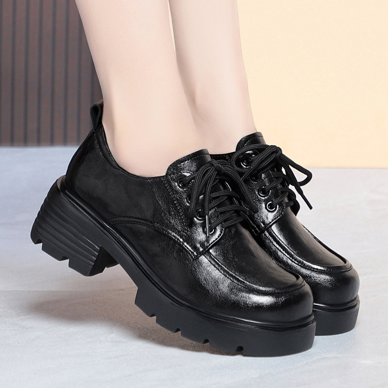 Ženske kožne loaferice s platformom, vezice, dva sloja kože, debeli pet, britanski stil