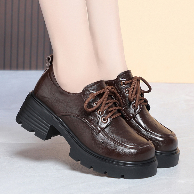 Ženske kožne loaferice s platformom, vezice, dva sloja kože, debeli pet, britanski stil