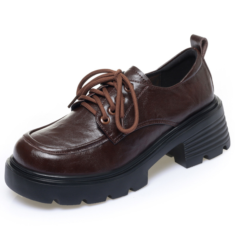 Ženske kožne loaferice s platformom, vezice, dva sloja kože, debeli pet, britanski stil
