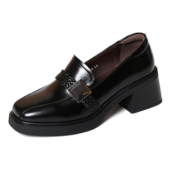 Loafers pentru femei în stil britanic vintage, vârf pătrat, toc mediu, decor țesut și cataramă, slip-on.
