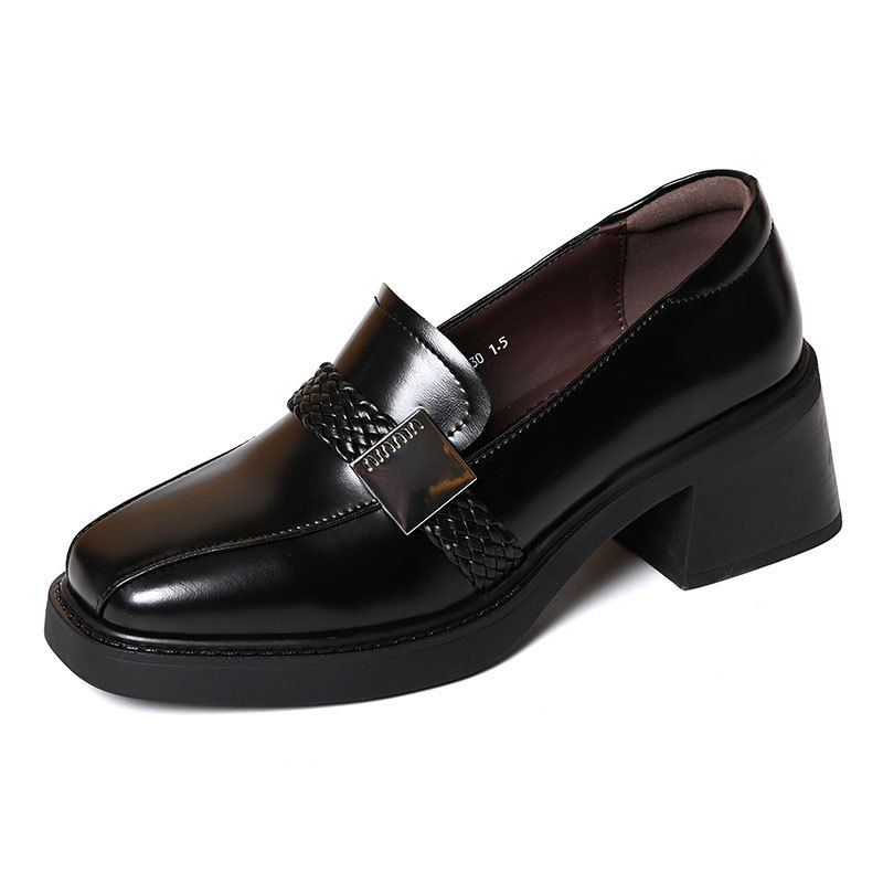 Loafers pentru femei în stil britanic vintage, vârf pătrat, toc mediu, decor țesut și cataramă, slip-on.