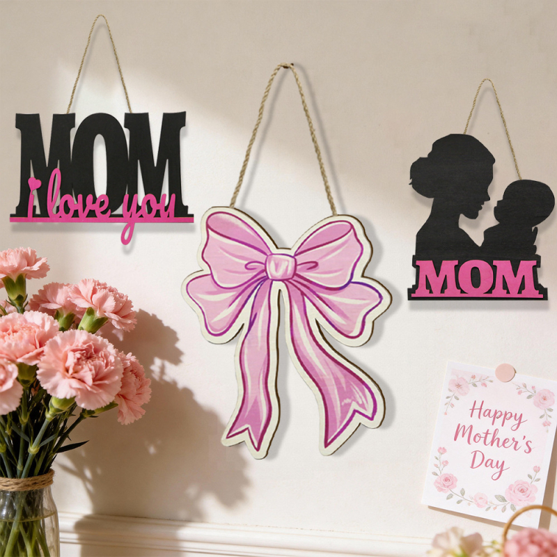 Drvena pločica Bowknot s MOM slovima za zidni ukras povodom Majčinog dana