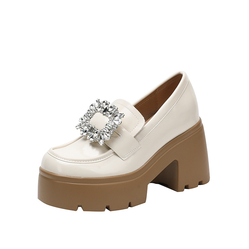 12 cm rejtett magasságnövelő női bőr loafer, brit stílus, rhinestone négyszög csattal és vastag platformával