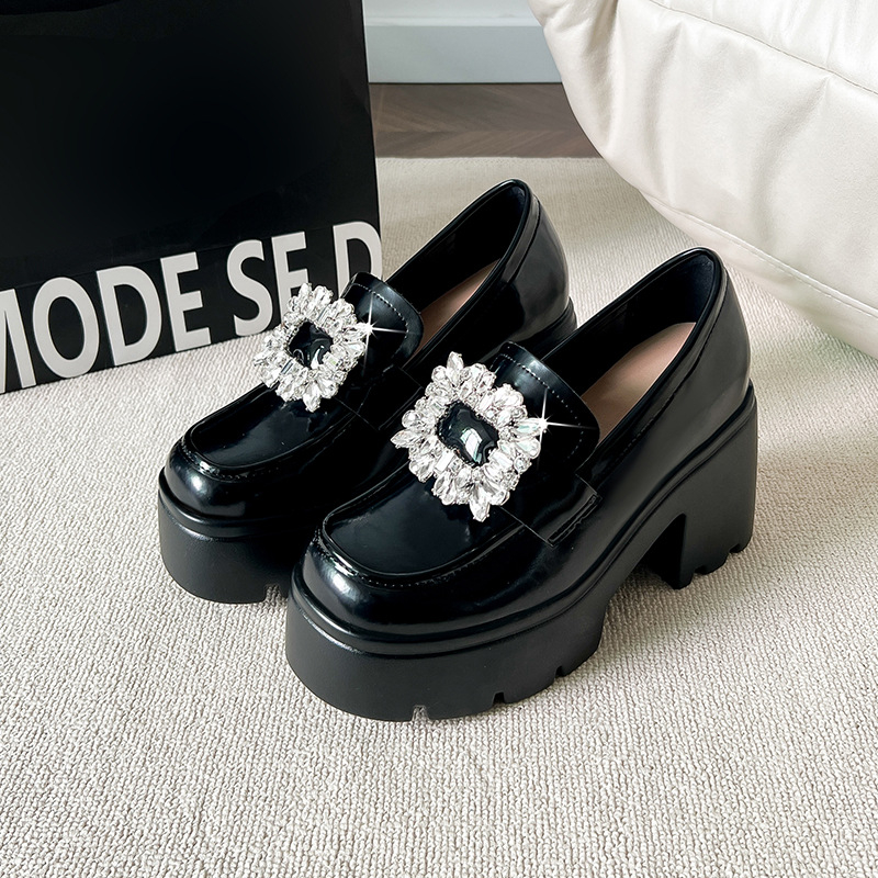 12 cm rejtett magasságnövelő női bőr loafer, brit stílus, rhinestone négyszög csattal és vastag platformával
