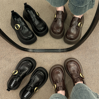Női vastag talpú bőr loaferek, brit stílus, fekete, slip-on, 2025 tavasz–ősz