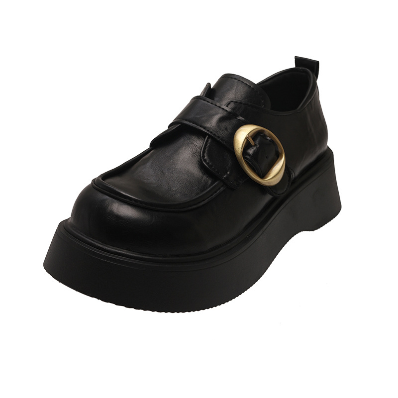 Női vastag talpú bőr loaferek, brit stílus, fekete, slip-on, 2025 tavasz–ősz