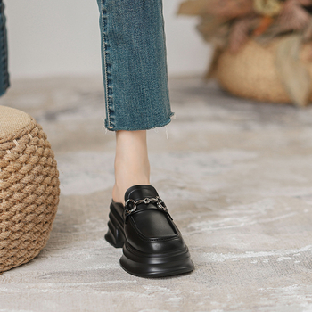 Loafers dama cu talpă groasă din piele naturală, cataramă Horsebit, stil britanic, crește înălțimea, mărime 32